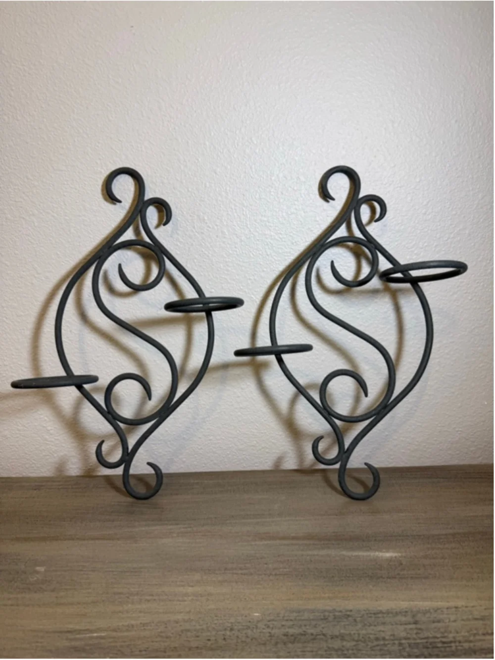 set of two scrollwork metal wall sconces approx 13x9”